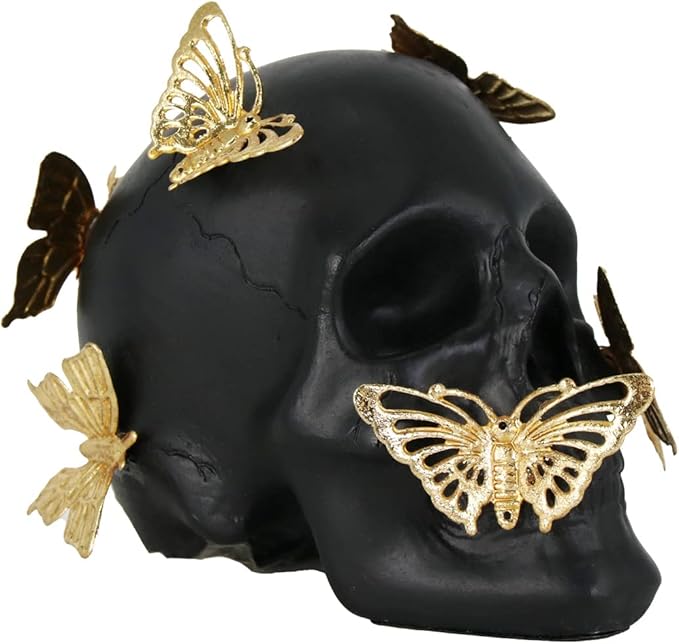 Black Skull Statue with Glod Butterfly,Halloween Decoration Home Decor Collectible Figurines (Small) - sugar skull figurine collectible