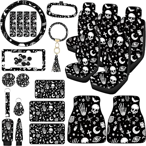 Tallew 26 Pieces Skeleton Cat Moon and Stars Car Seat Cover Full Set for Women Men Rubber Steering Wheel Cover License Plate Frame Mirror Covers Moon and Stars Car Accessories for SUV Truck(Skeleton) - sugar skull car seat covers set