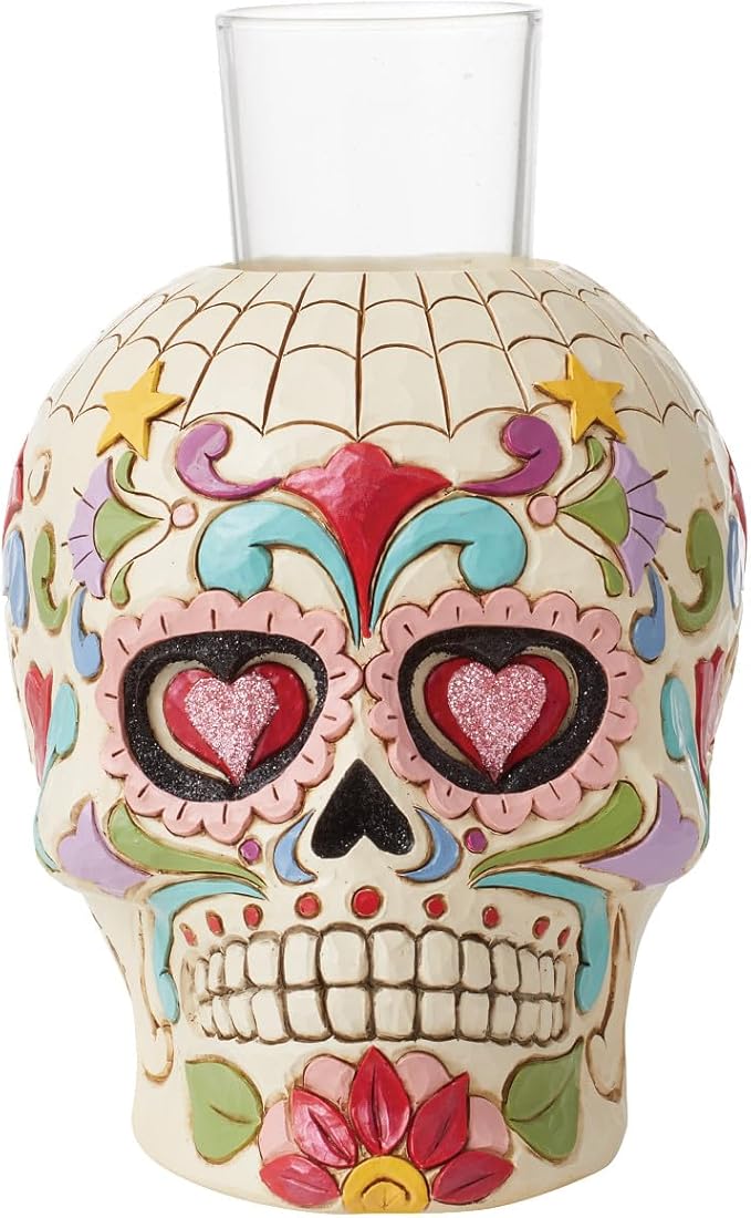 Enesco Jim Shore Heartwood Creek Four Seasons Day of The Dead Skull Votive Candleholder Without Candle, 5.5 Inches, Glass, Stone Resin, Witches, Zombies - sugar skull candle holder