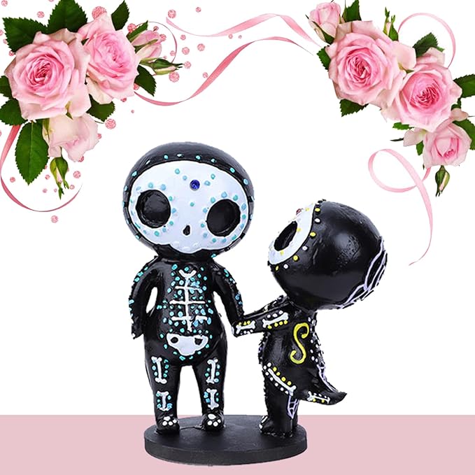 Sugar Skull Decor, Sugar Skull Couple Statue,Dia De Los Muertos Decor, Halloween Desk Decor,Day of The Dead Decorations for Home,Sugar Skull Figurine Gift for Women (D) - sugar skull garden decor