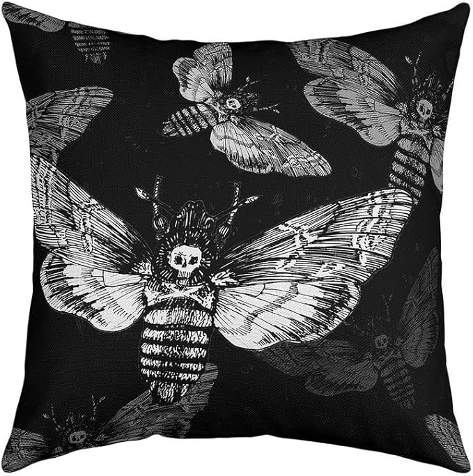 Feelyou Sugar Skull Pillow Cover 24x24 3D Moth Skull Pattern Decorative Throw Pillow Cover Cases Home Decor Gothic Bones Skeleton Black Animal Cushion Case for Couch Sofa Outdoor - sugar skull throw pillow