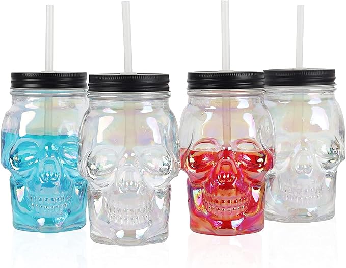 Servette Home 4 Pack Iridescent Skull Shaped Mason Jar with Lid and Straw - 16 Oz - sugar skull coffee cup
