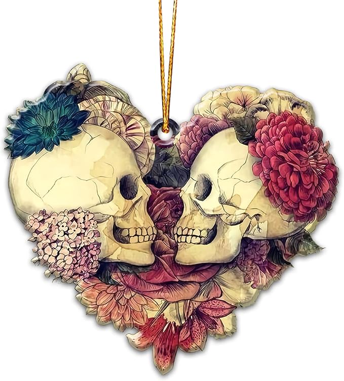 Skull Couple Love Ornaments for Christmas Tree Decorations 2D Flat (Not 3D Ornament), Gifts for Valentine's Day Her Him Lovers Men Women Engagement Wedding Anniversary Car Accessories (01) - sugar skull christmas ornament