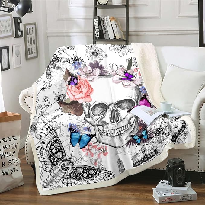 Sugar Skull Blanket Gothic Death Moth Throw Blanket Boys Girls Boho Exotic Butterfly Fleece Blanket Bohemian Psychedelic Trippy Hippie Sherpa Blanket Skull Moth Fuzzy Blanket Soft Warm 50"x60" - sugar skull throw blanket