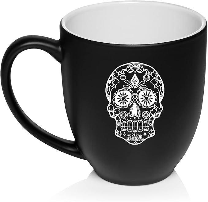 Sugar Candy Skull Ceramic Coffee Mug Tea Cup Gift for Her, Him, Brother, Sister, Wife, Husband, Friend, Family, Coworker, Boss, Birthday, Anniversary, Housewarming, Mom, Dad (16oz Matte Black) - sugar skull coffee cup