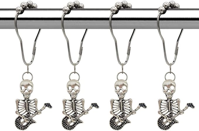 Skull Shower Curtain Hooks for Home Bathroom Decor, Rust-Proof Shower Curtain Hook Ring Hanger Set of 12 with Vintage Skeleton Haunted House Decorative Bathroom Hardware (Silver) - sugar skull shower curtain set