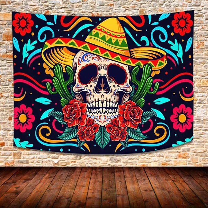 SHRAPHY Trippy Skull Tapestry 80x60 Inches Psychedelic Mexican Sugar Skull Tapestry Botanical Flower Cactus Peach Skin Fabric Wall Art Tapestries for Bedroom RGTMLUH103 - sugar skull canvas wall art