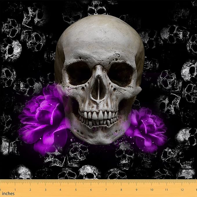 Sugar Skull Fabric by The Yard, Halloween Upholstery Fabric Purple Rose Floral Decorative Fabric Gothic Skeleton Bone DIY Outdoor Fabric Terror Theme Waterproof Fabric for Women Sewing,1 Yard Black - sugar skull apron for women