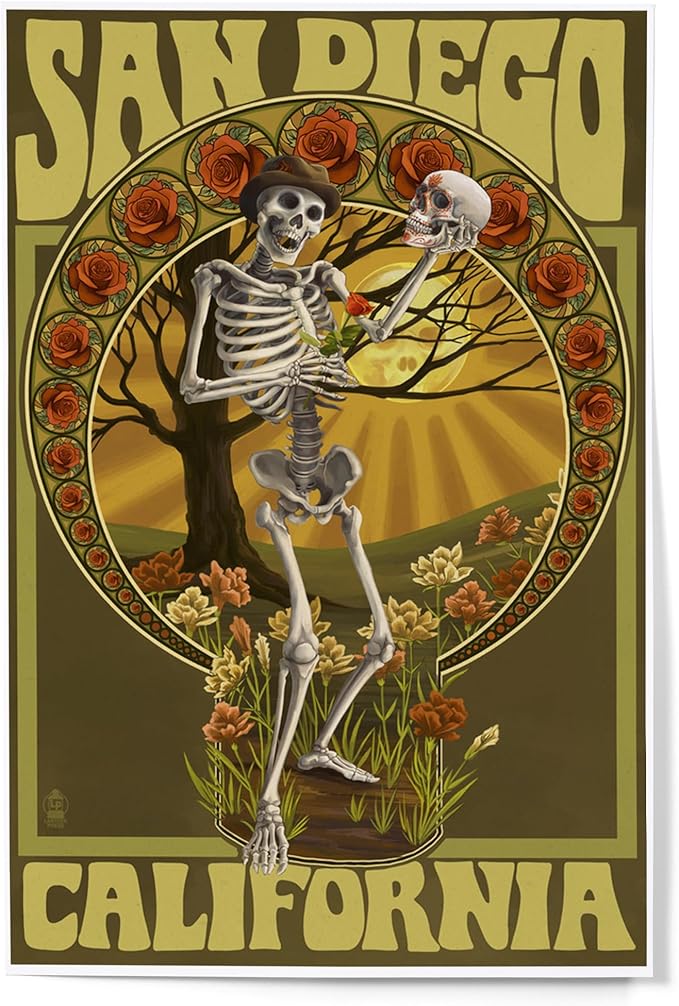 Lantern Press San Diego, California, Day of the Dead, Skeleton Holding Sugar Skull (12x18 Art Print, Travel Poster Wall Decor) - sugar skull poster print