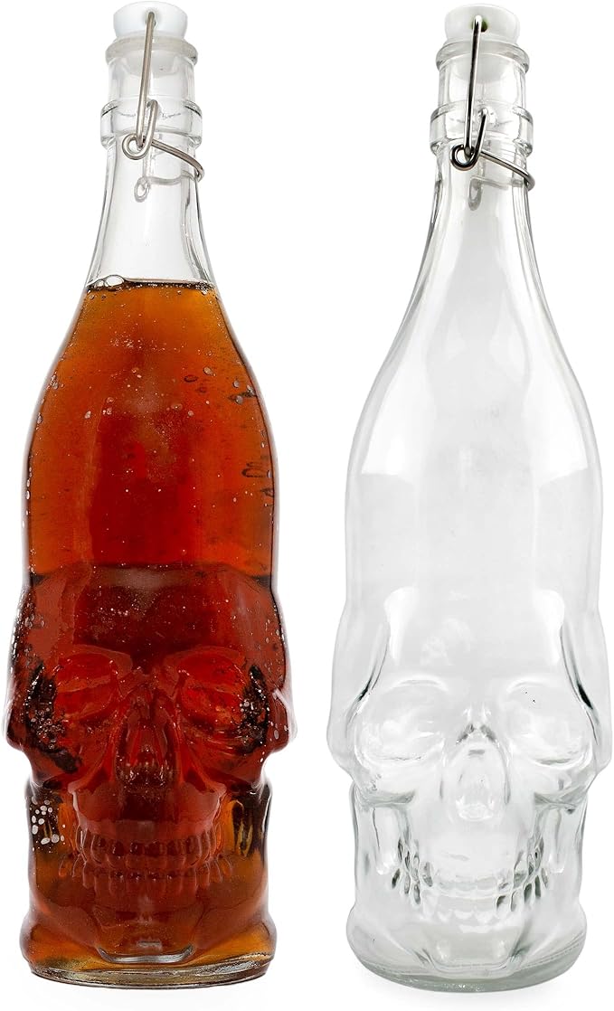 Cornucopia Brands Skull-Shaped Beer Bottles (2-Pack); Empty Quart-Size Bottles for Brewing and Bottling and Decor - sugar skull wine glass