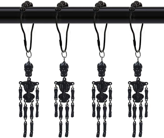 Skeleton Shower Curtain Hooks Halloween Decorative Home Bathroom Set of 12 Rustproof Stainless Steel Shower Curtain Rings Gothic Skull Decor Bath Accessories (Black) - sugar skull shower curtain set