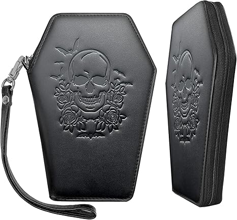 Zip Around Coffin Wallet – Cute Witchy Small Purse for Women with Skull and Bat Design– Goth Accessory Wallet – Horror Coffin Purse– Spooky Halloween Gothic Wallet with Wristlet Strap - sugar skull wallets for women