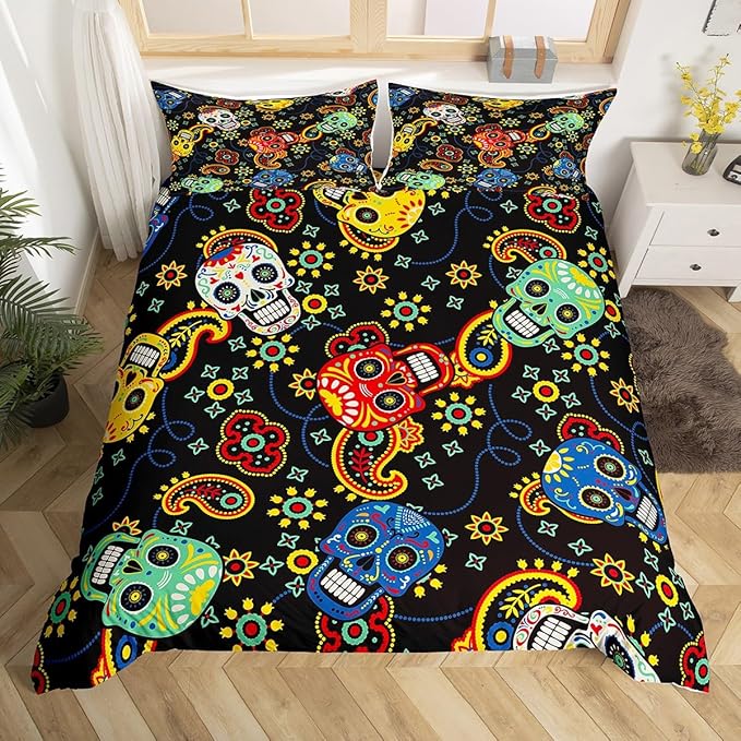 Erosebridal Sugar Skull Bedding Set Queen Size Bohemian Skeleton Duvet Cover Vintage Paisley Comforter Cover Boho Hippie Mandala Bed Sets Trippy Horror Theme Quilt Cover 3pcs Microfiber - sugar skull bedding set