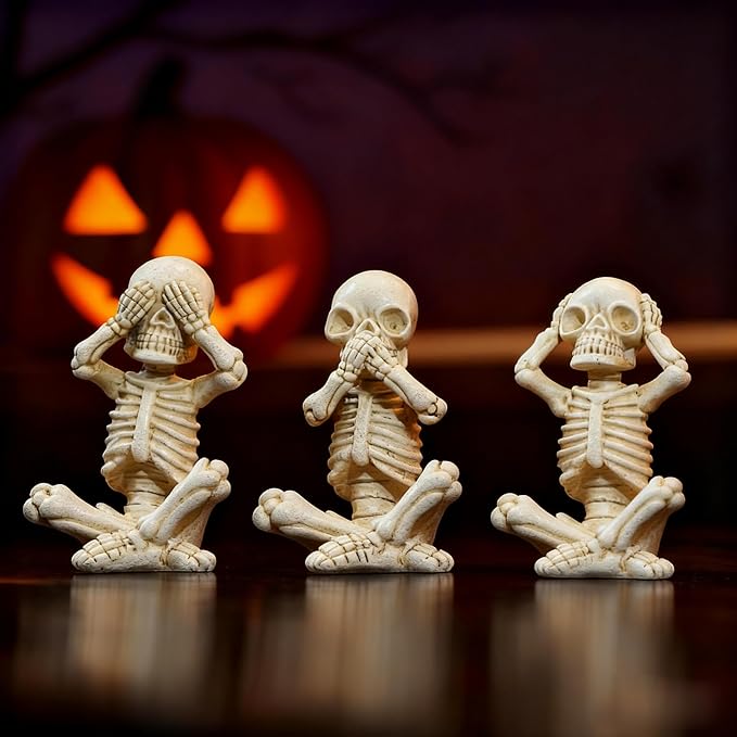OwMell Set of 3 Skeletons Statue, Yoga Skull Figurine, Hear See Speak No Evil Statue Figurine, Halloween Gothic Home Decor - No Evil - sugar skull figurine collectible