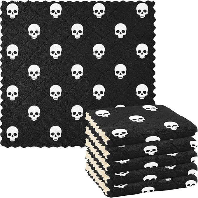 CaTaKu Black Dead Skull Kitchen Dish Cloths, Reusable Dish Rags for Washing Dishes, Microfiber Cleaning Cloths Dish Towels Washcloths for Kitchen Drying,6 Pack - sugar skull beach towel