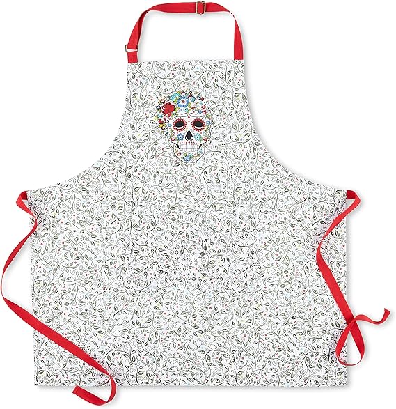 Fiesta Skull & Vine Apron Single Pack, White, 31"x30" - sugar skull apron for women
