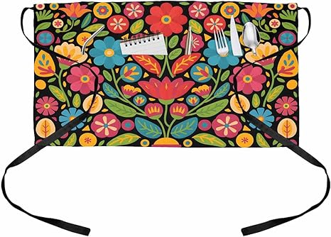 DecorLovee Colorful Floral Mexican Waitress Apron with 3 Pockets, Mexico Black Server Aprons Kitchen Waist Apron - sugar skull apron for women