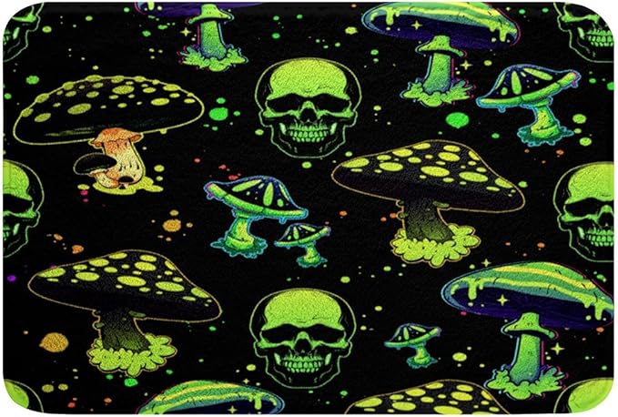Green Mushroom Rug Sugar Skull Bathroom Rugs for Kids Child,Gothic Bone Skeleton Halloween Door Mat Exotic Doormats 20"x32",Glitter Plant Botanical Jungle Weed Shaggy Water Absorbent Shower Mat - sugar skull toilet mat set