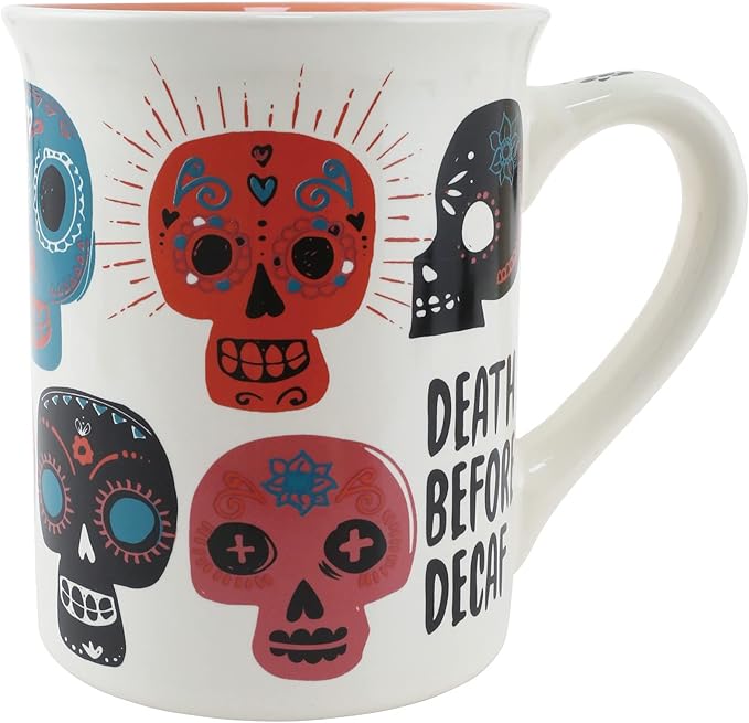 Enesco Our Name is Mud Halloween Sugar Skull Death Before Decaf Coffee Mug, 16 Ounce, Multicolor - sugar skull coffee cup