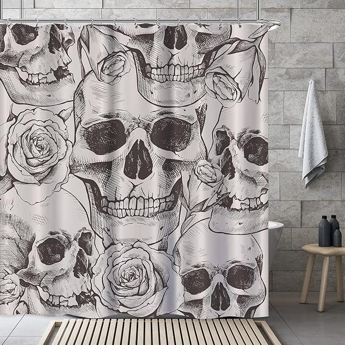 Skull Gothic Skeleton Shower Curtain Goth Black Floral Shower Curtain for Bathroom Set Flower Rose Men Halloween Fabric Waterproof Shower Curtain for Bathtub Decor Decoration 72x72 Inch - sugar skull shower curtain set