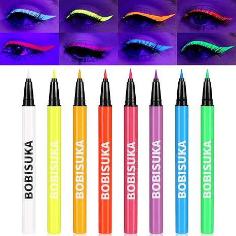 BOBISUKA 8 Colors UV Neon Liquid Eyeliner Set, Matte Colored Eyeliners Pen, Colorful Waterproof Smudge-proof Pigmented Graphic Liners, Delineadores de Colores Para Ojos Eye Makeup Gift Kit - sugar skull makeup kit