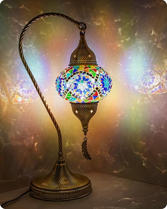 Yarra-Decor Turkish Moroccan Mosaic Table Lamp with Bronze Base - 3 Color Options Handmade Swan Neck Tiffany Mosaic Glass Bedside Lamps for Bedroom, 19" Blue1(LED Bulb Included) - sugar skull table lamp