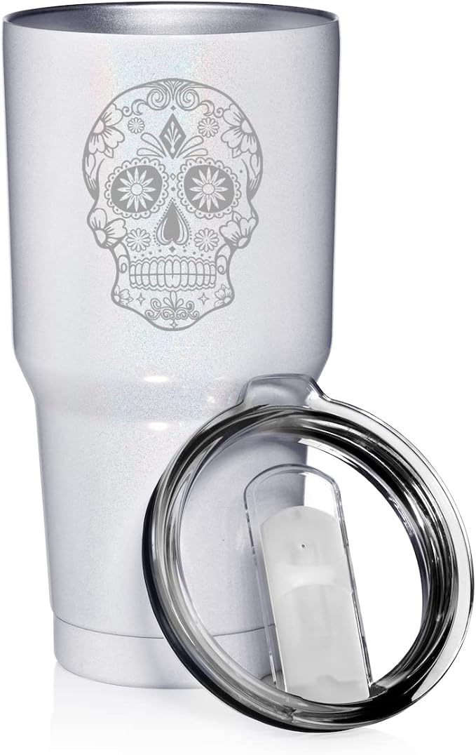 30 oz Tumbler Stainless Steel Vacuum Insulated Travel Mug Cup Sugar Candy Skull (White Glitter) - sugar skull tumbler with straw