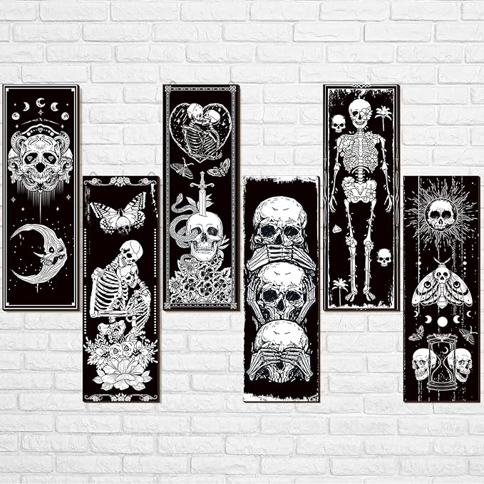 Sintuff 6 Pieces Black Gothic Wall Decor Skull Wall Art Boho Sun Moon Phases Snake Gothic Hanging Wooden Minimalist Skeleton Art Prints Vintage Pediments for Room Living Bedroom Bathroom - sugar skull canvas wall art