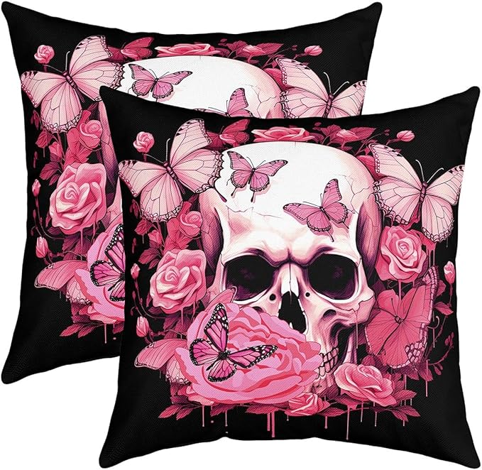 Erosebridal Set of 2 Sugar Skull Throw Pillow Covers 18x18 Pink Butterfly Pillow Covers Rose Floral Gothic Skull Cushion Covers Flower Skeleton Bones Moth Animals Decorative Accent Pillow Cases - sugar skull throw pillow