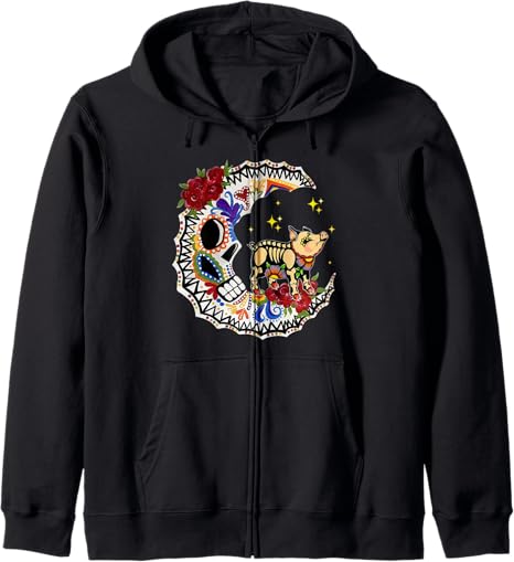 Halloween Sugar Skull Pig and Moon - sugar skull zip up hoodie mens