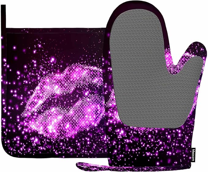Mxocom Lips Silicone Oven Mitts and Pot Holders Sets Trendy Woman Sexy Girl Mouth Glitter Fantasy Purple BBQ Gloves for Kitchen,Cooking,Baking,Grilling - sugar skull oven mitts