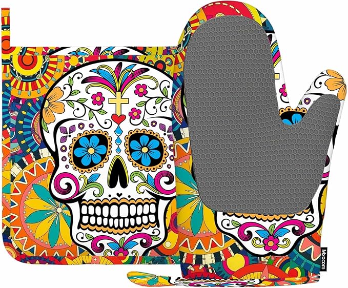 Mxocom Art Floral Sugar Skull Silicone Oven Mitts and Pot Holders Sets BBQ Gloves for Kitchen,Cooking,Baking,Grilling - sugar skull apron for women