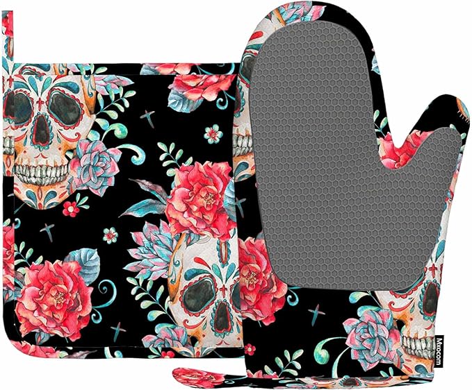 Mxocom Skull and Roses Oven Mitts and Pot Holders Sets Vintage Watercolor Cactus Boho Style Skull Day of The Dead Silicone Heat Resistant Kitchen Oven Gloves Pot Holder for Cooking - sugar skull oven mitts