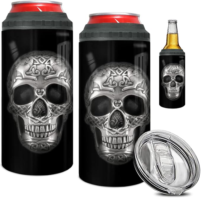 winorax Skull Tumbler 4-in-1 Can Cooler Skulls Coffee Travel Mug Cup 12oz Stainless Steel Insulated With Lid Inspirational Skull Gifts for Men Women Skulls Lover Birthday Halloween Birthday - sugar skull tumbler with straw