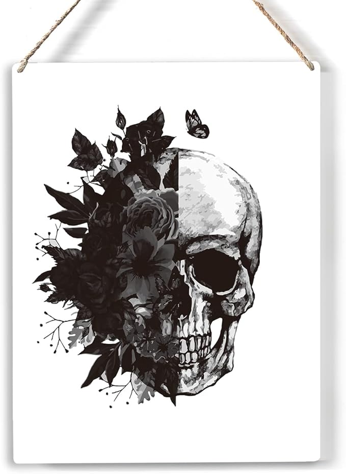 Vintage Floral Skull Wood Sign Black Skull Wooden Signs Rustic Hanging Plaque Home Wall Art "8 x 10" Perfect Skull Sign Wall Decor for Home Living Room Bedroom - sugar skull canvas wall art