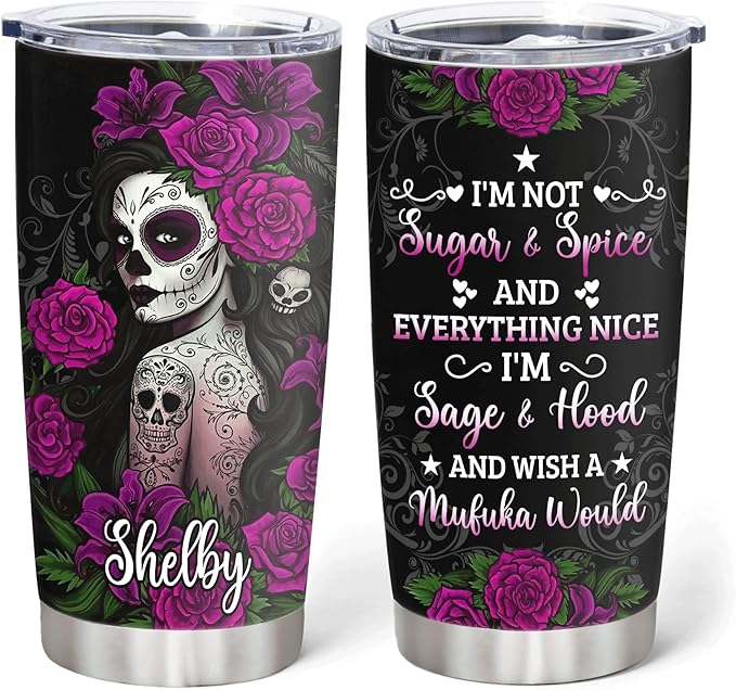 Hyturtle Personalized Wish A Mufuka Would 20oz Stainless Steel Tumbler, Sugar Skull Women Rose Flower Tumbler Gifts for Women on Birthday, Thanksgiving, Christmas - sugar skull coffee cup