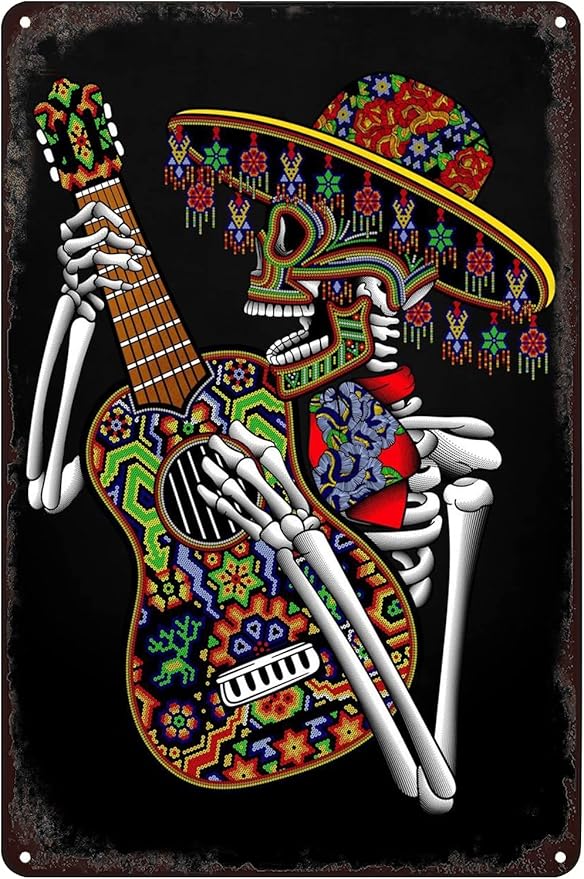 SREELEATHERS Vintage Metal Signs - Mexican Skeleton Playing Guitar Poster Mexico Day of The Dead Skull Tin Sign Wall Art Decor Plaque for Home Bar Pub Club Living Room 8x12 inch - sugar skull poster print