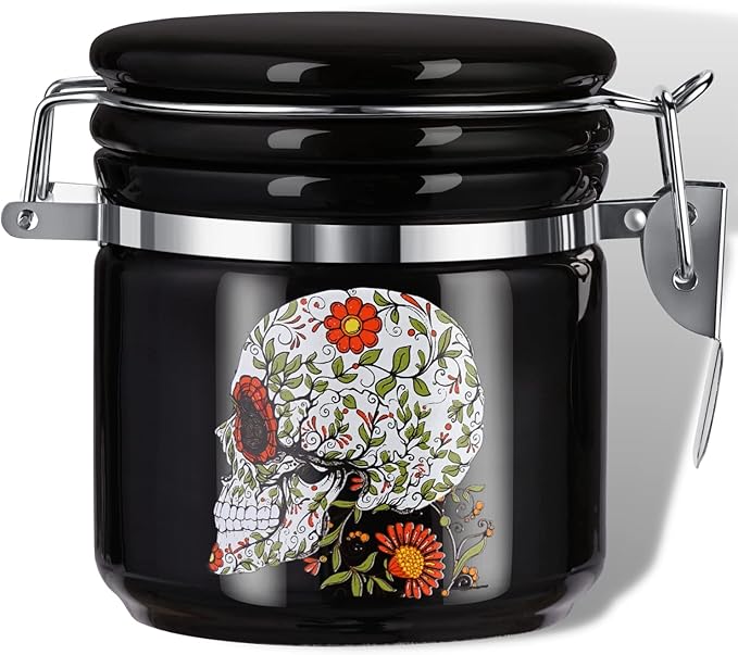 Sugar Skull Stash Jar Half Oz (250ml), Odor Smell Proof Jar Airtight Container Keep Herbs Fresh Storage, Flower Skull Bowl Bottle Holder - Goth Skull Decor Gothic Sugar Skull Gifts for Women -Black - sugar skull christmas ornament