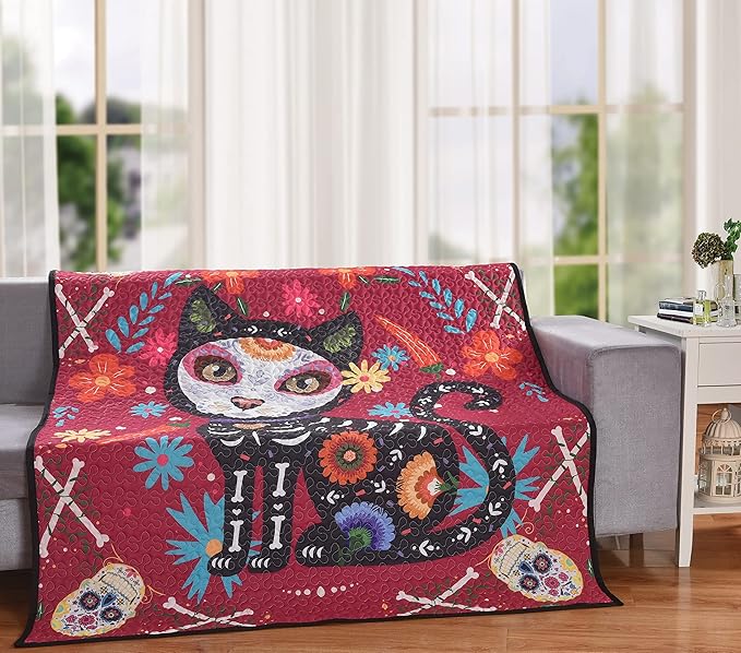 De Leon Collections Sugar Skull Cat Day of The Dead 60" x 50" Decorative Throw Quilt Blanket - sugar skull throw blanket