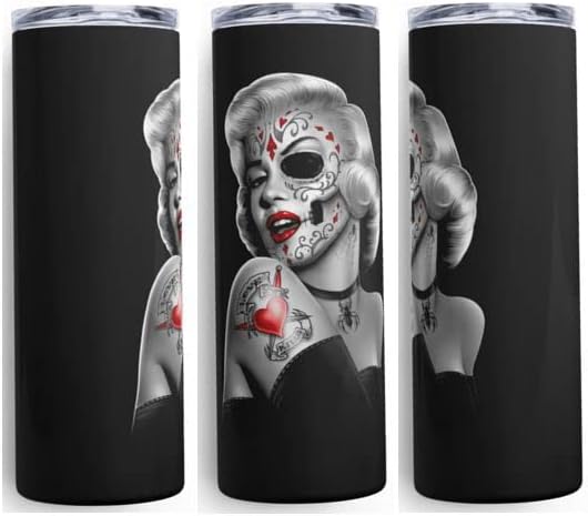 Personalized Movie Star Marilyn Sugar Skull Love Kills Themed 20 oz Stainless Steel Skinny Tumbler with Lid and Straw, Portable Mug - sugar skull tumbler with straw