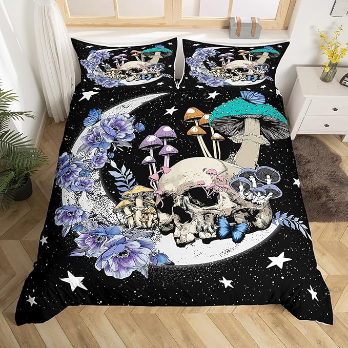 Star Moon Duvet Cover Twin Size Mushroom Sugar Skull Bedding Set 2pcs for Kids Girls Boys Youth Bedroom Decor Exotic Plants Comforter Cover Purple Flower Butterfly Quilt Cover,Black White - sugar skull bedding set