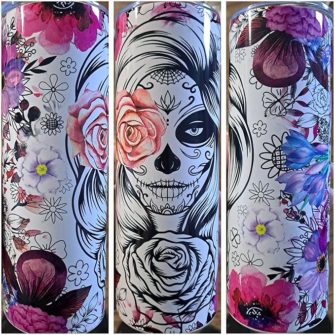 Sugar Skull Woman Purple Flowers - 20 oz Stainless Steel Tumbler with Lid and Straw Cup Mug - sugar skull coffee cup