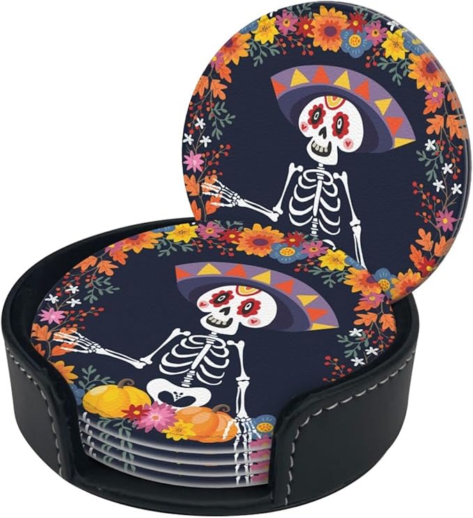 6 Pcs Leather Coasters for Drinks with Holder Mexican Skulls Coaster Sets Drink Table Cup Coasters for Kitchen Coffee Decor - sugar skull coasters set