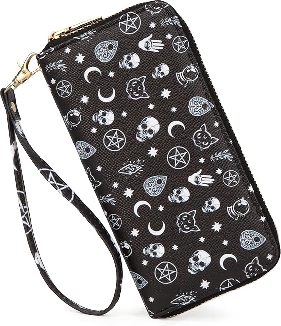 Leopard Cow Print Wallet For Women Skull Goth Frog Ladies Cluth Wristlet Wrist strap Long Purse Zip Around Card Holder - sugar skull wallets for women