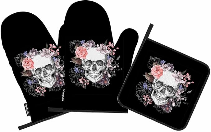Skull Flowers Oven Mitts and Pot Holders Sets Day of The Dead Retro Heat Resistant 3pcs for Cooking Baking BBQ - sugar skull oven mitts