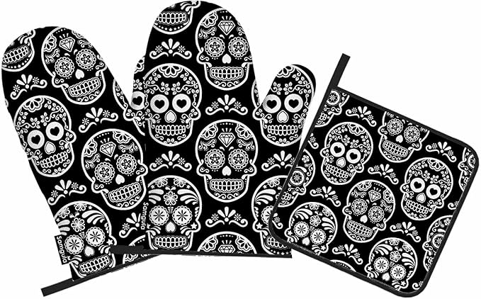 Mexican Sugar Skull Oven Mitts and Pot Holders Sets Floral Tattoo Day of The Dead Heat Resistant 3pcs for Cooking Baking BBQ - sugar skull oven mitts