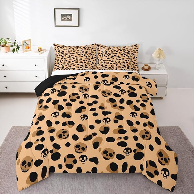Erosebridal Leopard Print Comforter Set Twin Brown Cheetah Print Bedding, Sugar Skull Bedding Comforters & Sets Safari Animal Duvet, Jungle Wildlife Quilt Comforter Gothic Skeleton Bedroom Decor, 2pcs - sugar skull bedding set