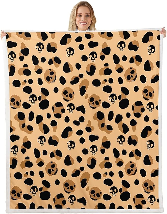 Leopard Print Blanket Brown Cheetah Print Throw Blanket for Bed, Sugar Skull Fleece Blanket Queen Size Safari Animal Sherpa Blanket, Jungle Wildlife Fuzzy Blanket Gothic Skeleton Bedroom Decor - sugar skull throw blanket