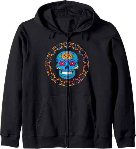 Colorful Sugar Skull with Floral Round Border Zip Hoodie - sugar skull throw pillow