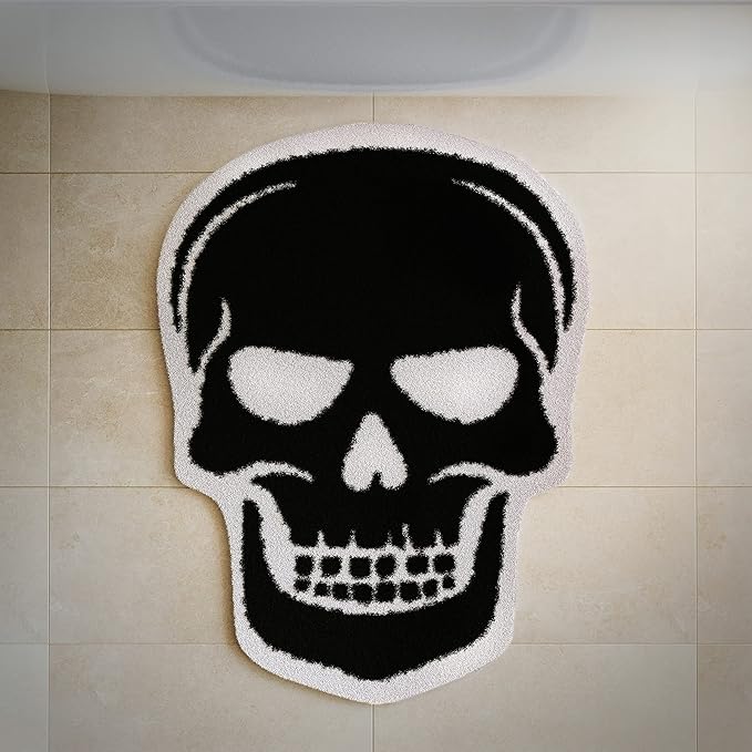 Skull Bath Mat – Black and White Gothic Bathroom Rug, Non-Slip Absorbent Microfiber Skull Face Mat for Halloween Bathroom Decor, Horror or Witchy Home, Machine Washable Bath Rug for Goth Aesthetic - sugar skull car floor mats